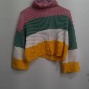 Color Block Pink and Green Turtleneck Sweater